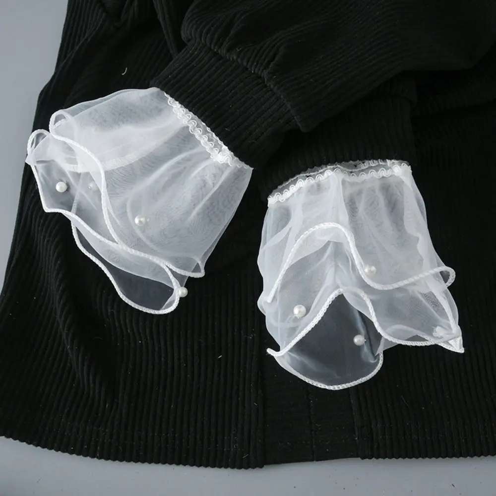 Double Layer Fake Pleated Cuff Detachable Lace Sleeve Horn Cuffs Decoration All-match with Pearls Elastic Sleeve Cuffs