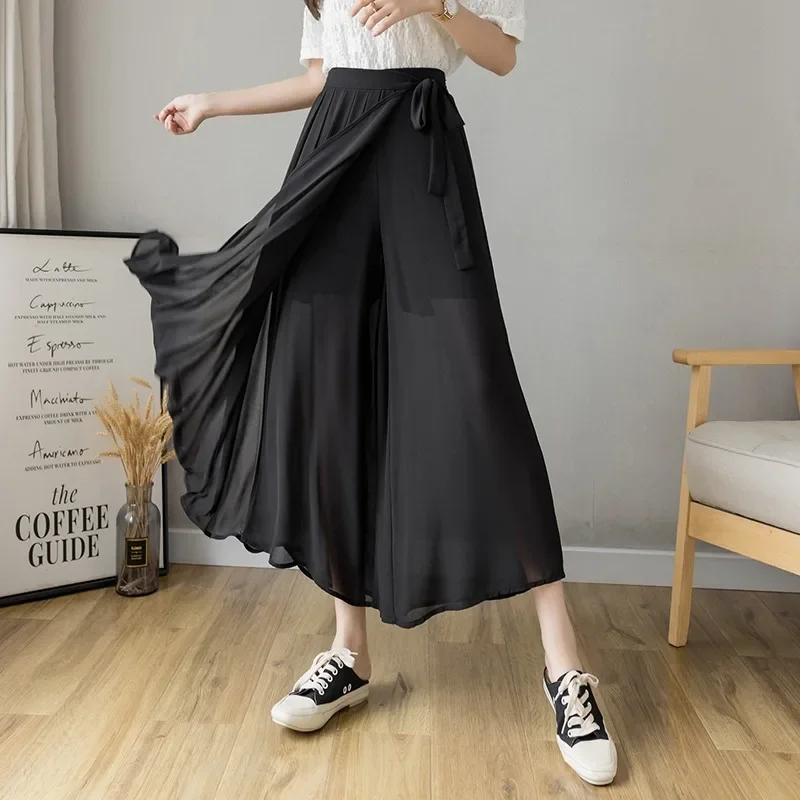 

Spring Summer New Style Korean Women Pleated Chiffon Trousers High Waist Pants Hakama Casual Wide Leg Pantalones