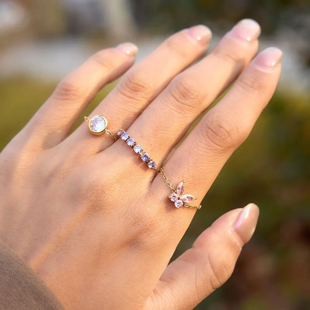 Waterproof Exquisite Zirconia Chain Rings Minimalist INS Adjustable Chain Ring Simple Stackable Stainless Steel Ring Daily Wear