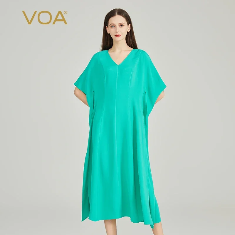 (Fans Exclusive Discount) VOA Silk Grass Green V-Neck Bat Sleeves Simple Dress Ladies Casual Loose Dresses Women 2023 New AE1935