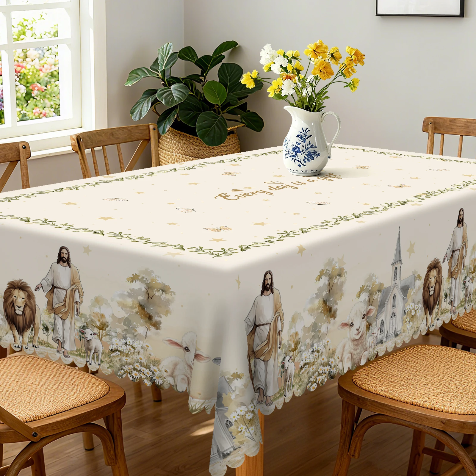 Jesus-Themed Tablecloth, Featuring Cute Sheep, Lions, Exquisite Houses, Daisies and Other Flowers, Butterflies, a Majestic Jesus Print Pattern, Multiple Size Options, Embossed Edges, Waterproof, Wrinkle-Resistant, Fade-Resistant, Available in Round and Rectangular Shapes, Suitable for Indoor and Outdoor Dining Tables in Spring, Summer, Autumn, and Winter, Ideal for Home, Kitchen, Restaurant, Terrace, Courtyard Use, Buffet Outdoor Parties and Camping, Perfect as an Easter Gift Etr07