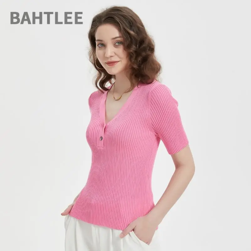 BAHTLEE-Women's Lyocell Knitted Short Sleeve Pullover, V-Neck Sweaters, Single Breasted, Pearl Button, High Elastic