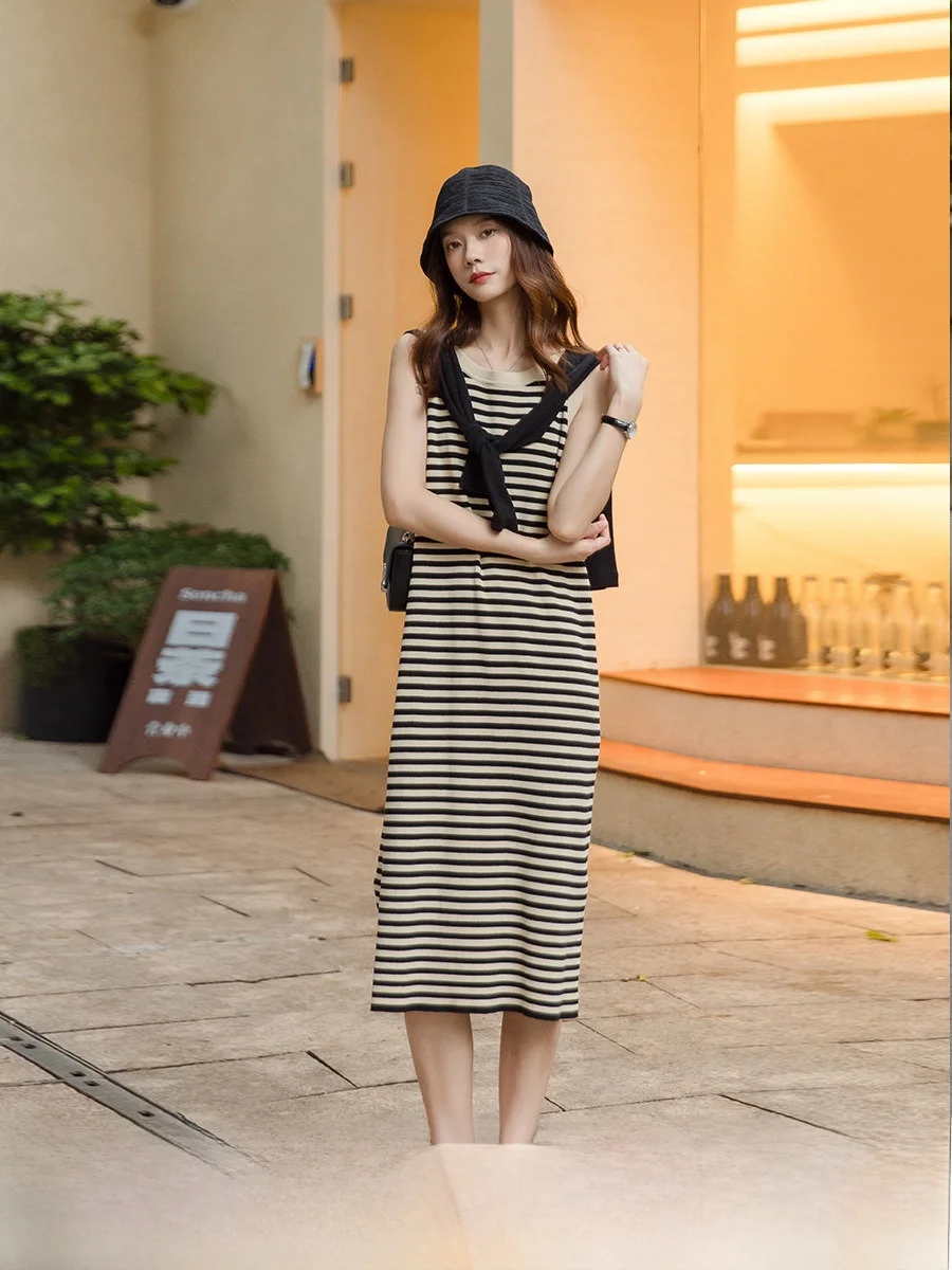 

Ретро-повседневный женский жилет в полоску Dr Summer, вязаный свободный длинный жилет Dr, универсальная юбка А-силуэта для повседневной носки, V-образный вырез, стройнящий силуэт