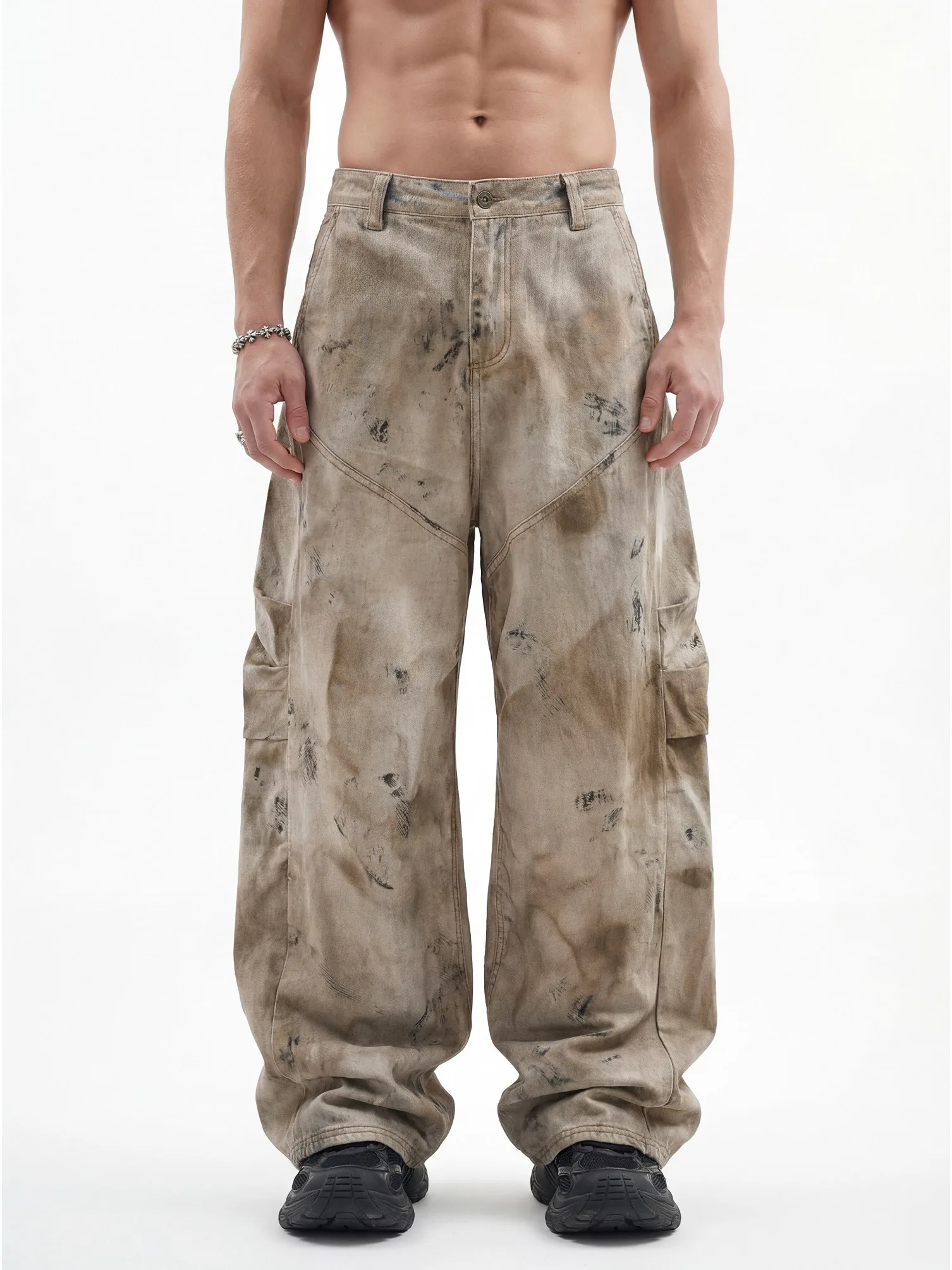 

High Street Hip Hop Waed Yellowing Ink Splatter Knife Jeans Men's Trendy Denim Pants mid Waist Cotton Blend Loose Fit