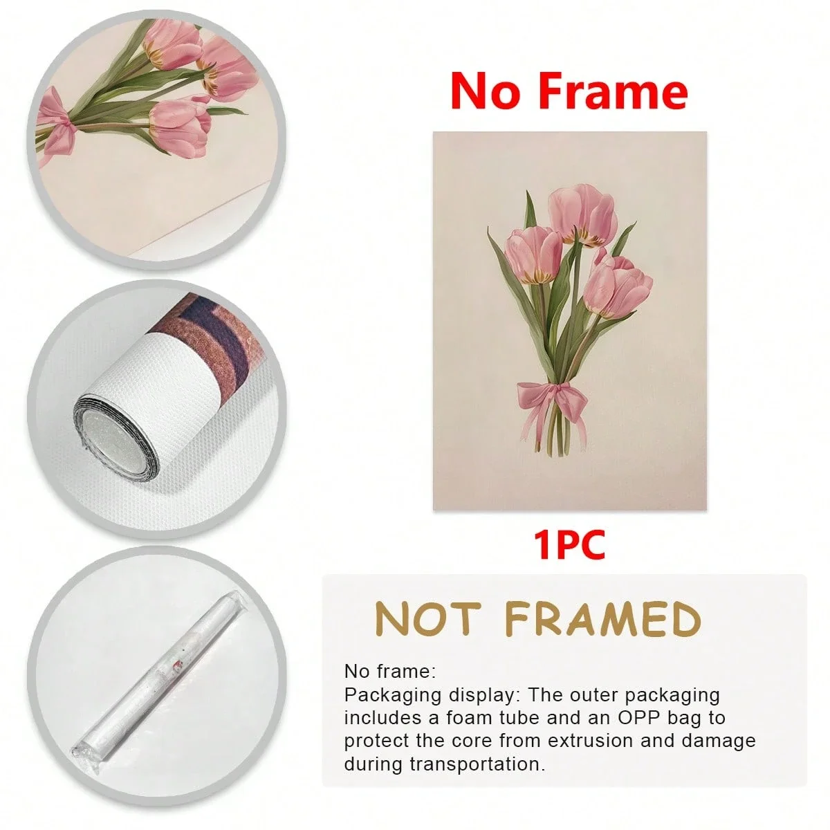 Pink Tulip Floral Wall Art Canvas with Frame, Minimalist Flower Painting for Living Room Bedroom Home Decor Modern Nordic Style