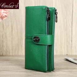 Contact'S Genuine Leather Long Wallet Women Green Zipper Phone Pocket Purse Money Bag with AirTag Slot Female Clutch Wallets