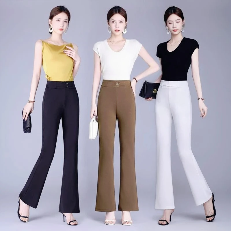 Invisible Zipper Crotch Pants Micro-flared Pants Women's Summer Thin High Waist Thin Drape Elastic Nine-point Suit Casual Pants