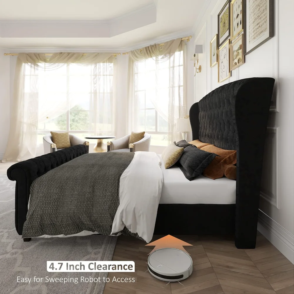 King Size Bed Frame, Velvet Upholstered Sleigh Bed w/Scroll Wingback Headboard & Footboard/Button Tufted/No Box Spring Required image 2