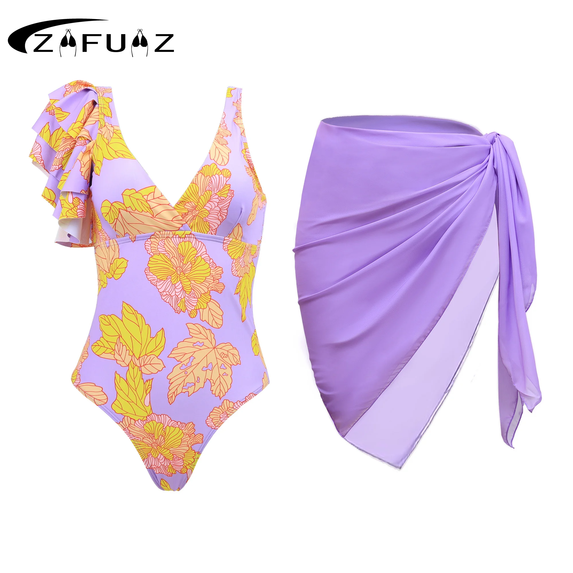 

ZAFUAZ 2024 Sexy 3D Flower Ruffle Shoulder Print Push Up One Piece Swimsuit Skirt Monokini Summer Swimwear Women Bath Suit Dress