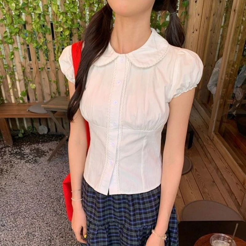 Deeptown White Lace Patchowork Shirts Women Sweet Short Sleeve Peter Pan Collar Lolita Blouses Preppy Korean Style Babydolls Top