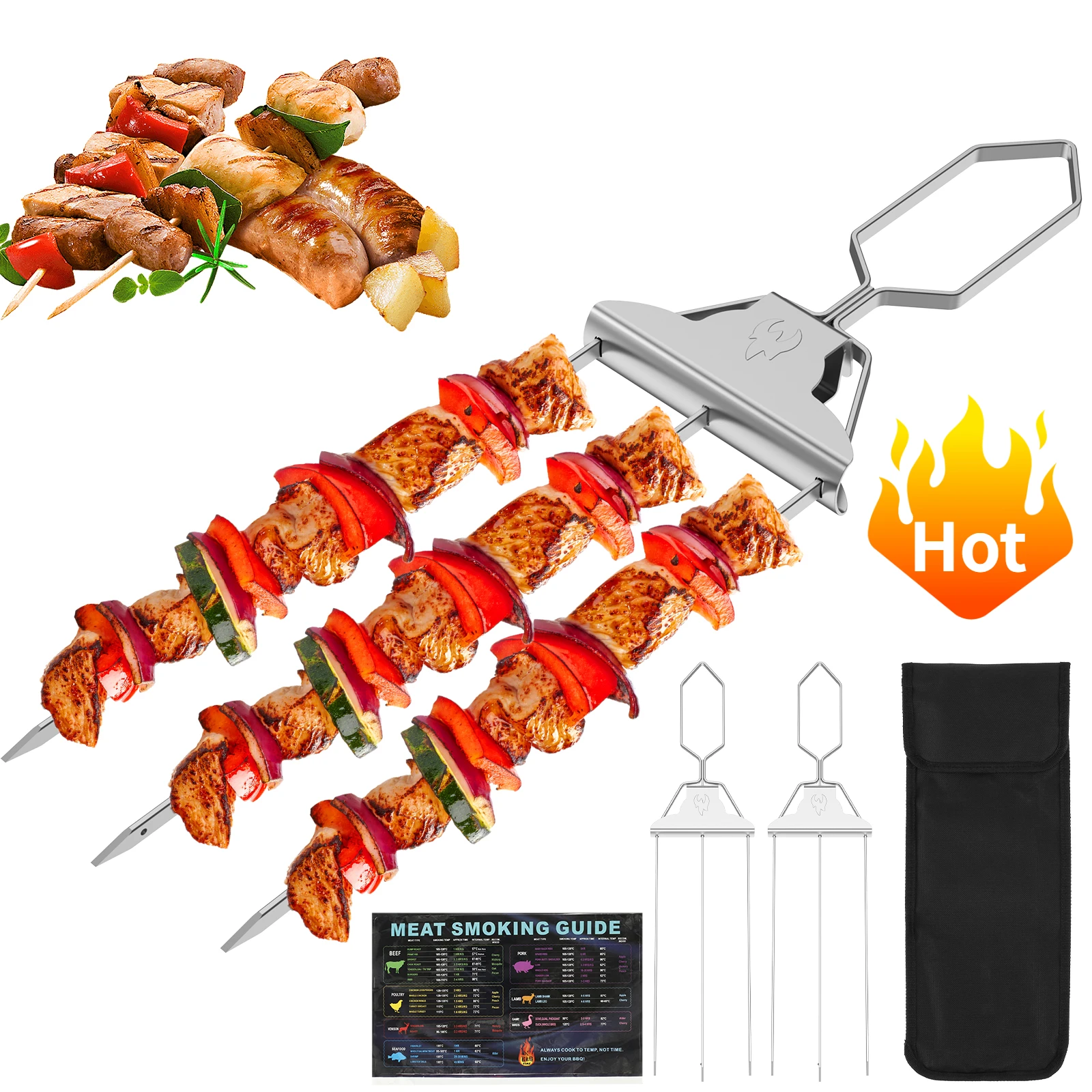 

2pcs 3 Way Skewer for Grilling 14.7in Stainless Steel BBQ Grilling Skewers with Push Bar Slider and BBQ Guide for Meat Veggies