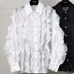 Luxury Diamonds Buttons Ruffles White Chiffon Women's Blouses Shirts Top Office Lady Lantern Sleeve Elegant Shirt Blusas Femmale