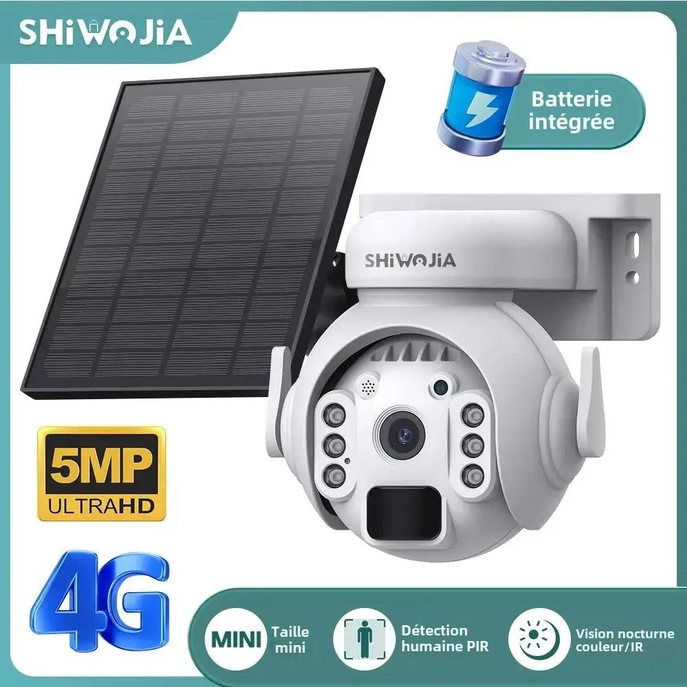 SHIWOJIA 3K 5MP 4G SIM caméra panneau solaire sécurité PTZ caméra Vision nocturne PIR détection humaine Surveillance batterie solaire caméra