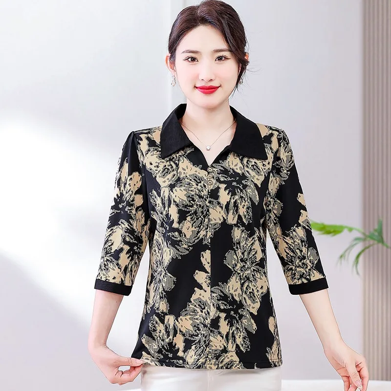 

Women's Clothing Broken Flowers Shirt Vintage Summer Half Sleeve Fashion Turn-down Collar Spliced Button Commute Loose Blouse