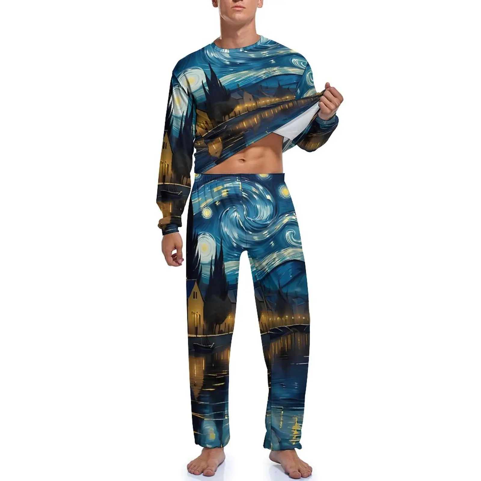 Vincent Van Gogh Pyjama mit Sternennacht-Aufdruck, Frühling, 2-teilig, elegante Pyjama-Sets, langärmelig, ästhetische Grafik-Nachtwäsche für Herren