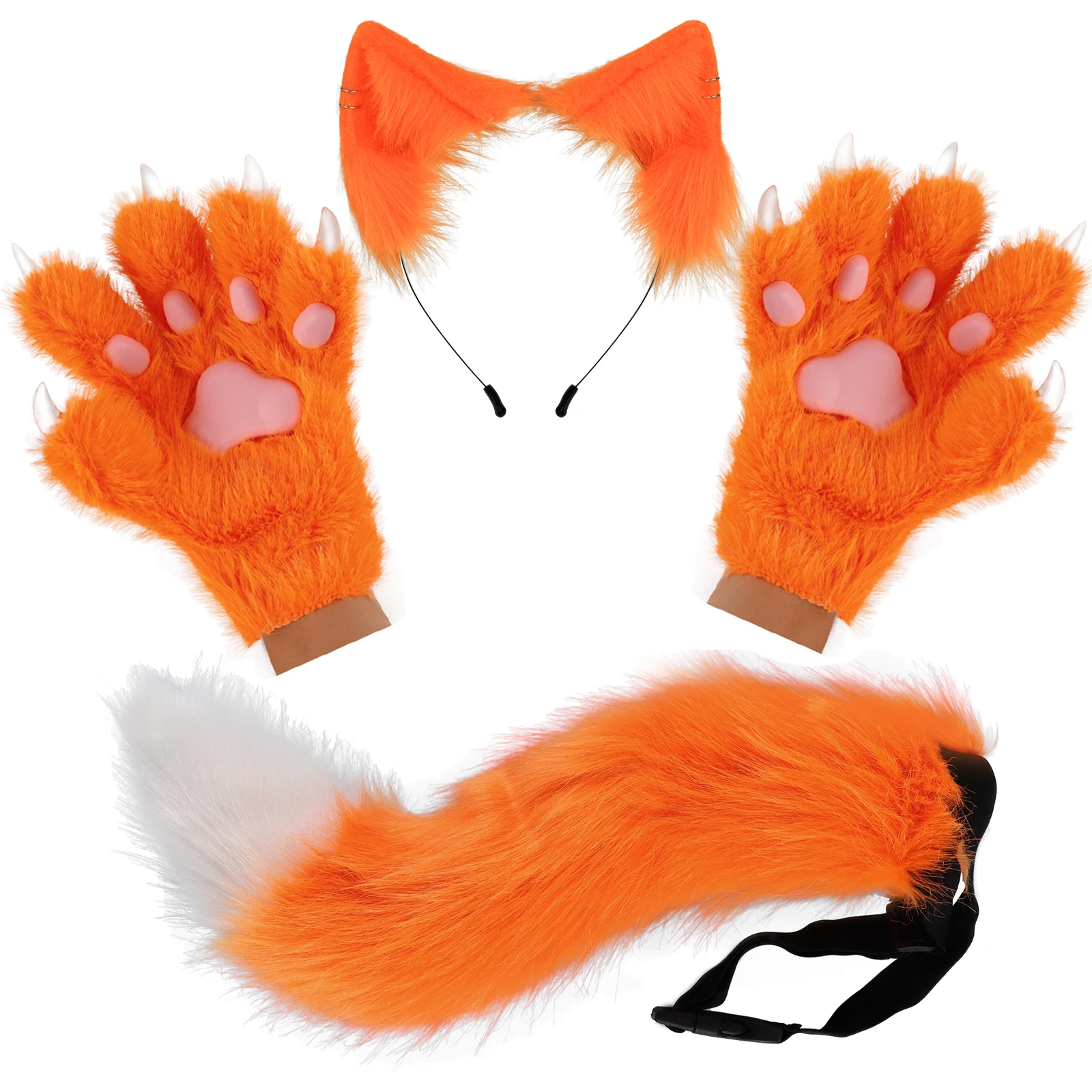 Flauschige Katzenohren, Katze, langer Schwanz, plus süße Katzenpfoten, Handschuhe, Set, Cosplay, Kostümzubehör, Halloween, Karneval, Party, Anzieh – Detail 2