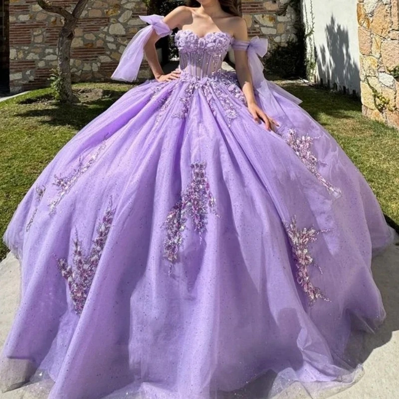 

AQ41 Customized Mexican Lavender Quinceanera Dress Ballgown Flower Illusion Women Party Occasion Prom Wear Vestido De XV 15 Anos