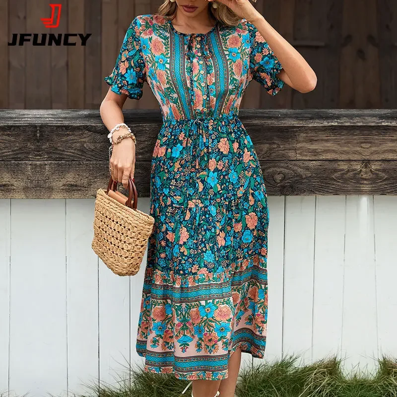 

JFUNCY 2024 Women's Summer Dress Vintage Elegant Blue Floral Printed Long Dresses Fashion Beach Dress New In Women Clothing