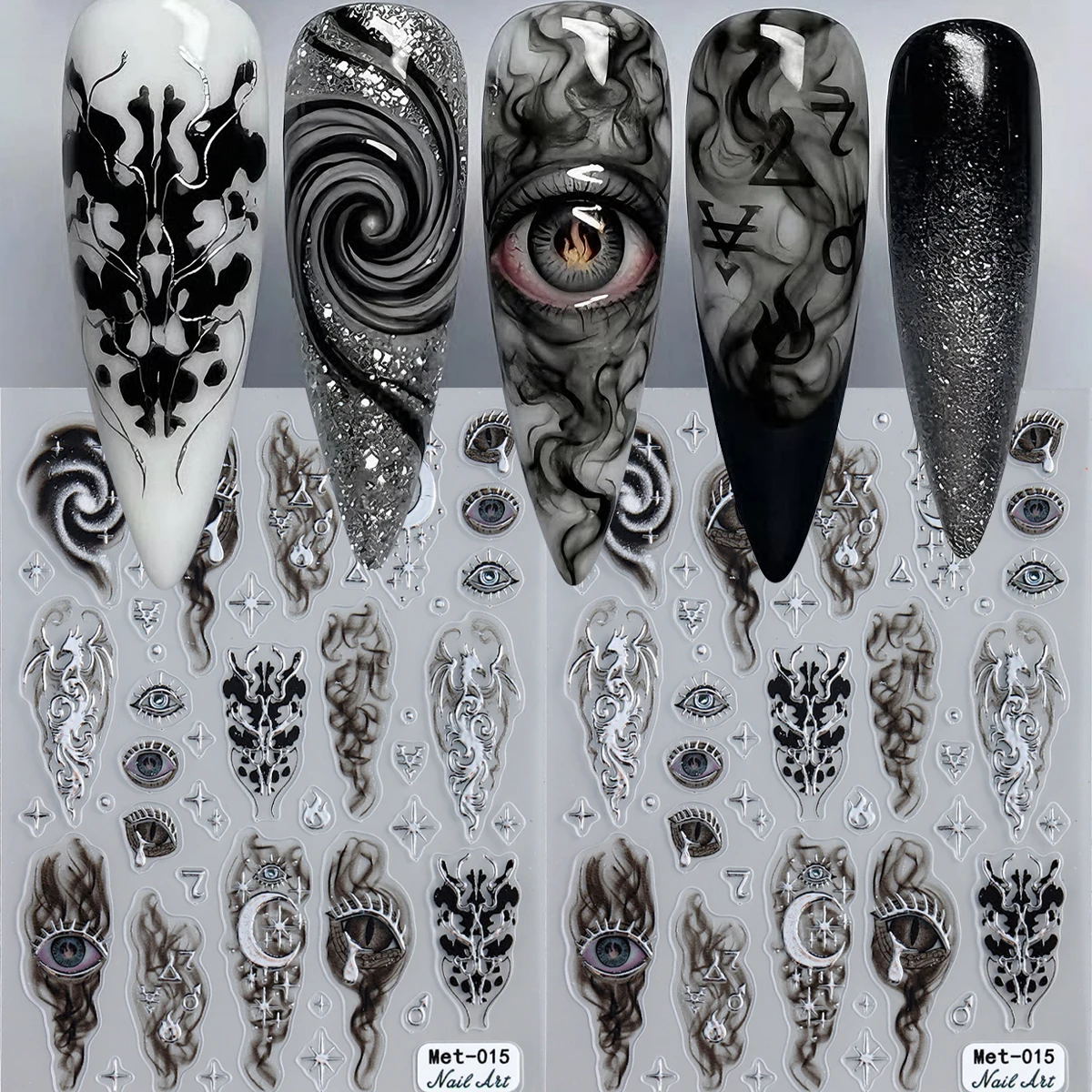 Gothic Nail Stickers Dark Evil Eye Moon Dragon Flame Nail Art Decals Black White Smoke Cloud Design Manicure Decorations