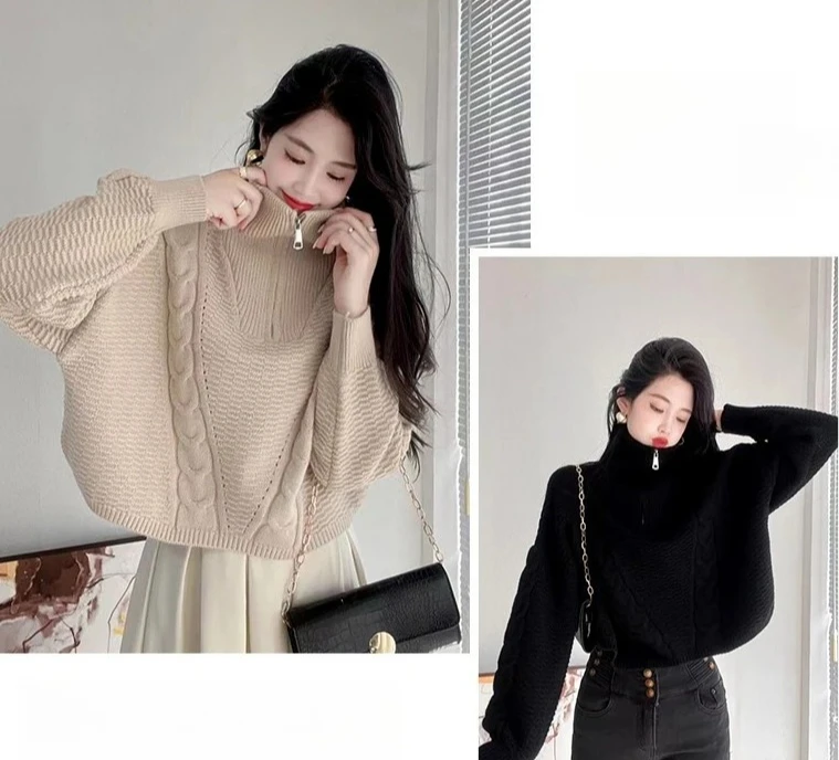 

Women Half Zip Lapel Solid Pullover Korean Style Turtleneck Knitted Sweater Lazy Style Twists Loose Outerwear Tops