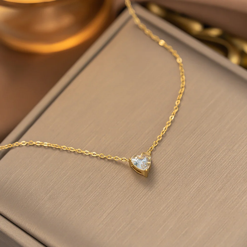 

New Punk Tiny CZ Heart Pendant For Women Gold Color Stainless Steel Choker Chain Necklace Female Jewelry Christmas Gift