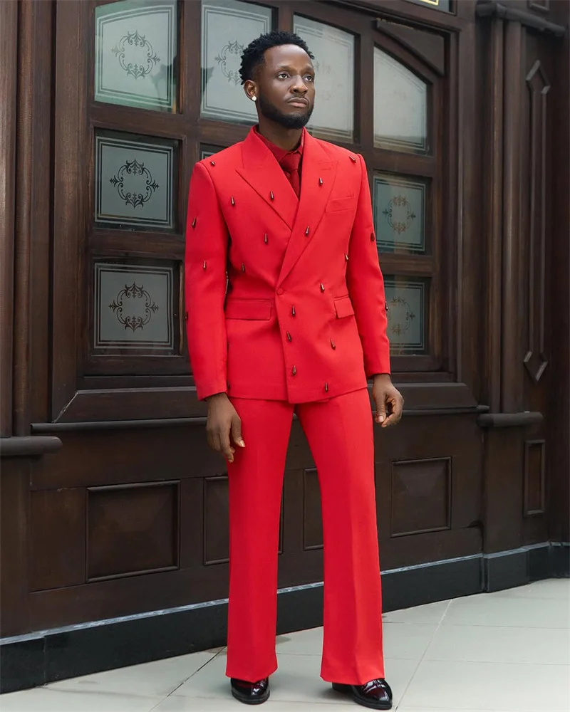 

Red Men Suits 2 Piece Blazer+Pants Crystals Luxury Prom Wedding Tuxedo Coat Custom Made Formal Office Business Jacket Trouser