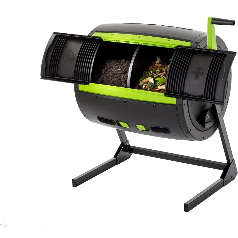 65 Gallon Two Stage Compost Tumbler with Large Double Doors and Open Frame, Black and Green