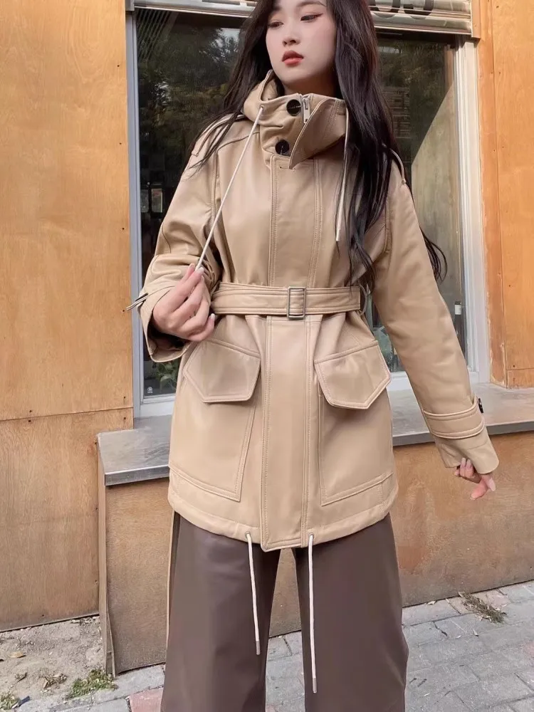 Herbst Winter Frauen Echtes Leder Jacke Oversize Mit Kapuze Casual Windjacke BF Stil Lose Fit Echt Schaffell Medium Langen Mantel