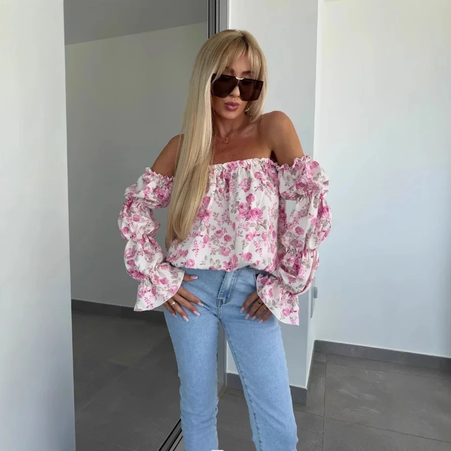 

Floral Print Sexy Off-Shoulder Shirts Women Elegant Fashion Pleated Beach Summer Blouses For Women 2025 Slash Neck Ruffles Tops