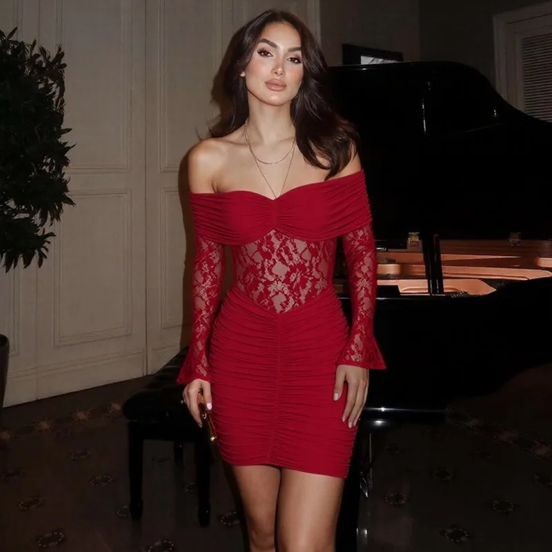 

Talenza Women's Lace Ruched Dress Sexy Off-Shoulder Lace Patchwork See-Through High-Waisted Fit Dress Vintage Party Female Dress