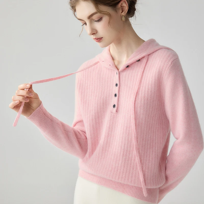 High Quality Women's 100% Cashmere Sweater Buttons Hooded Pullover Shirt Autumn Winter Casual Thick Cashmere Knitwear Tops