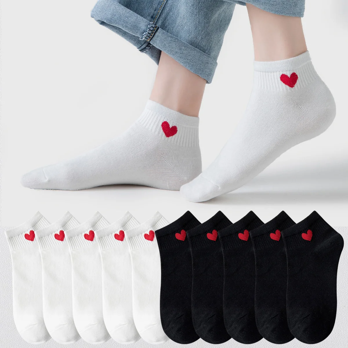 5 Paar Damen Knöchelsocken, niedrig geschnitten, modisch, Herz, Schwarz, Weiß, Mädchensocken, Neuheit, lässig, Sommer, süße kurze Baumwollsocken