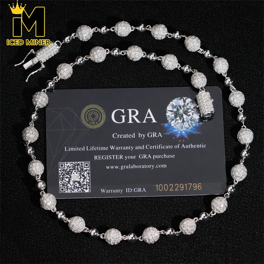 

Icedminer 8mm Moissanite Ball Link Chain Iced Out Necklaces For Men Women S925 Silver Choker Pass Tester Hip Hop Jewelry GRA
