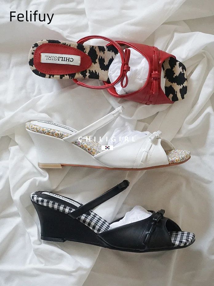 

Summer Fashion Butterfly-knot Women Slipper Slip On Ladies High Heel Sandals Wedge Heel Outdoor Dress Slides Shoes