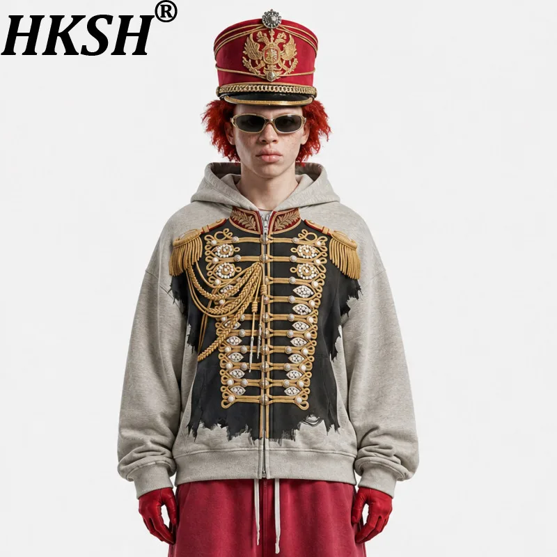HKSH Spring Autumn Winter New Men Tide Chic Ins Punk Vintage 3D Printed Zipper Fringed Hooded Sweatshirt Y2K Vibe Hoodie HK27235