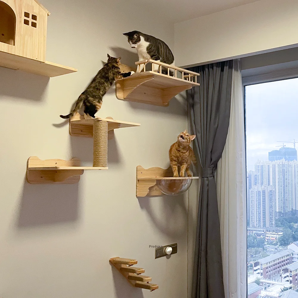 Wall Mounted Cat Climbing Frame Cat Hammock and Scratching Post with Wood Ladder for Kitten Sleeping and Playing Pet Playground