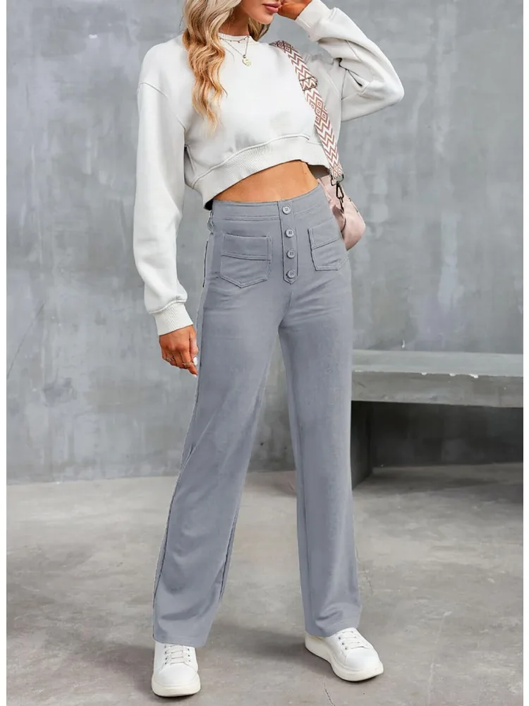 

Women's Pants High Waist Wide Leg Pants Straight Loose Buttons Closure Elastic Pockets Patchwork Lady Casual Trousers