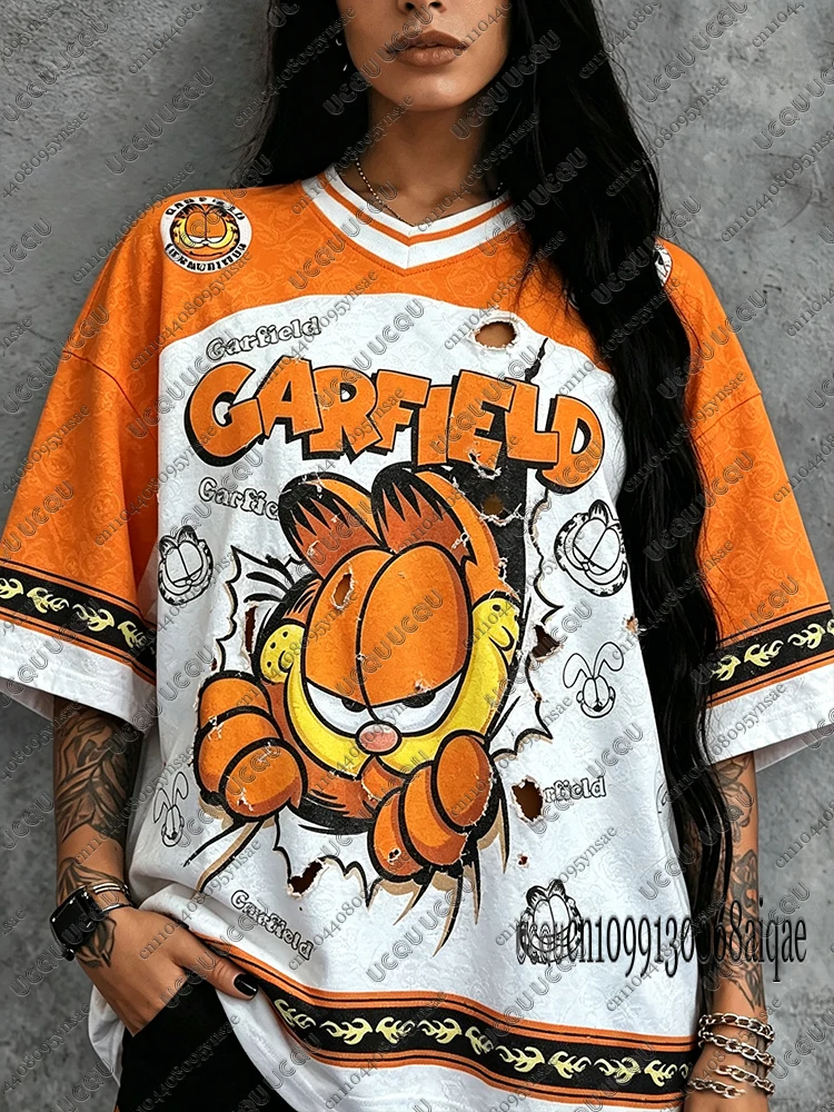 T-shirt d'été à motif de dessin animé Garfield pour femmes, décontracté, respirant, à manches courtes, maillot de sport de football, surdimensionné, ample, Y2K