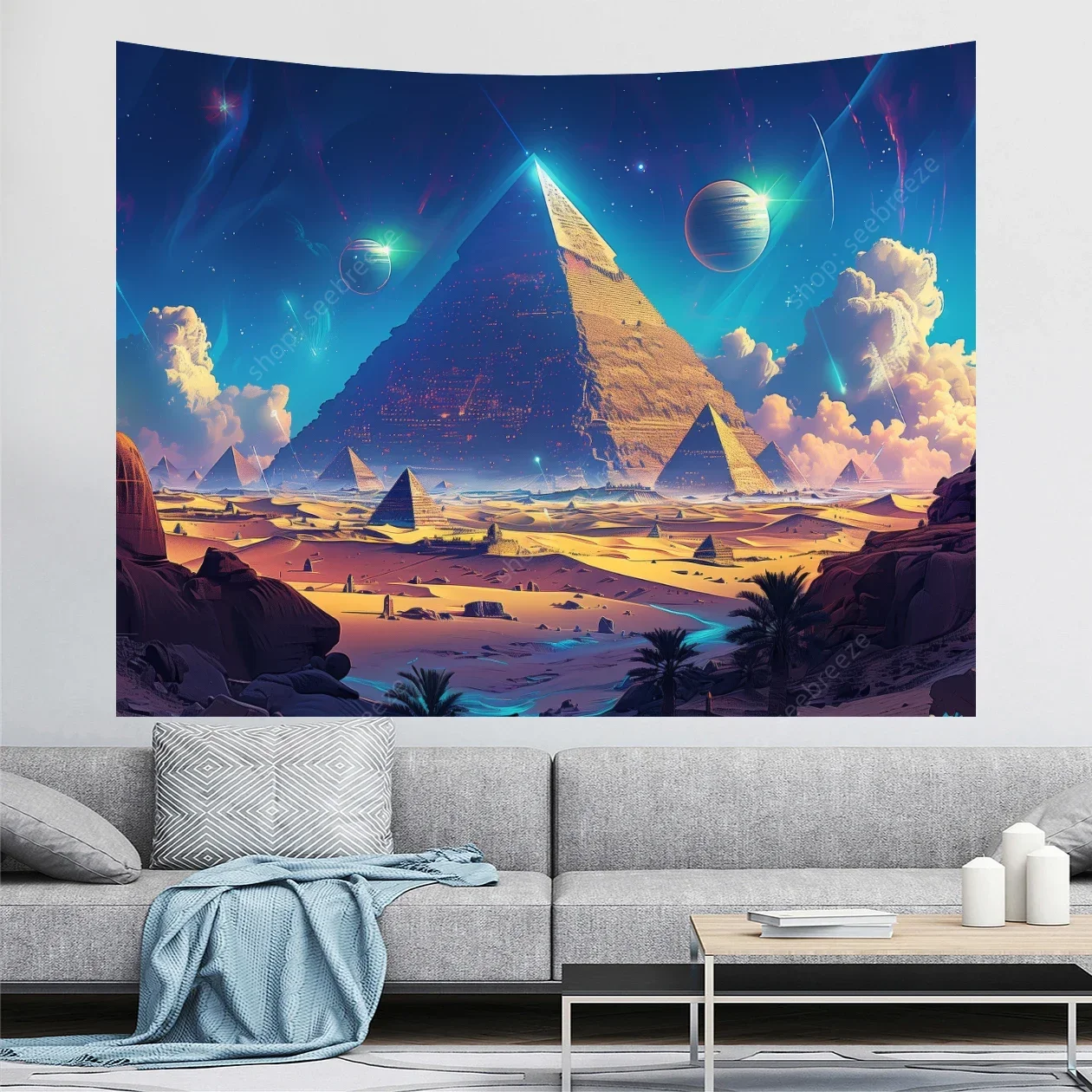 Futuristic Temple Atlantis Tapestry Shamanic Temple Tapestries Trippy Pyramid Art Neon Backdrop Sofa Blanket Yoga Mat Home Decor