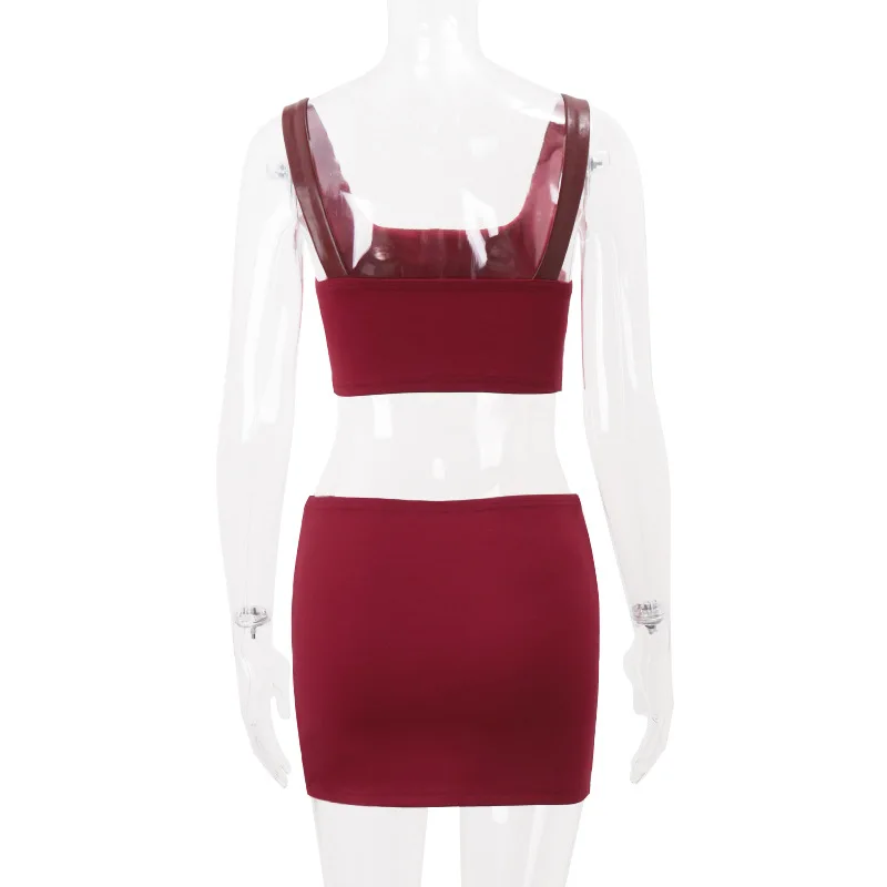 Combhasaki Vintage Faux cuir 2 pièces épices ensembles col carré sans manches haut court avec Rivet jupe crayon courte Sexy femmes costumes