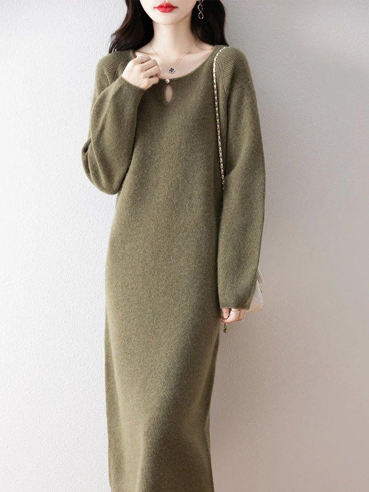 

Women's Warm Soft Solid Pullover Dress O-Neck 100% Merino Wool Temperament Sweater Autumn Winter Casual Loose Clothing Tops