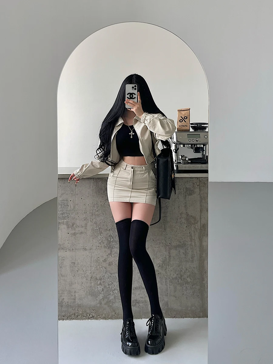

Young Girl Zipper Collar Jacket Outerwear High Waist Bodycon Workwear Short Skirt Set Fashionable Autumn Collection