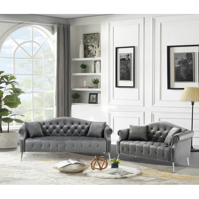 

Grey Sofa Set Button Tufted Velvet Upholstered Low Back Sofa Classic Roll Arm for Living Room Apartment High-Grade