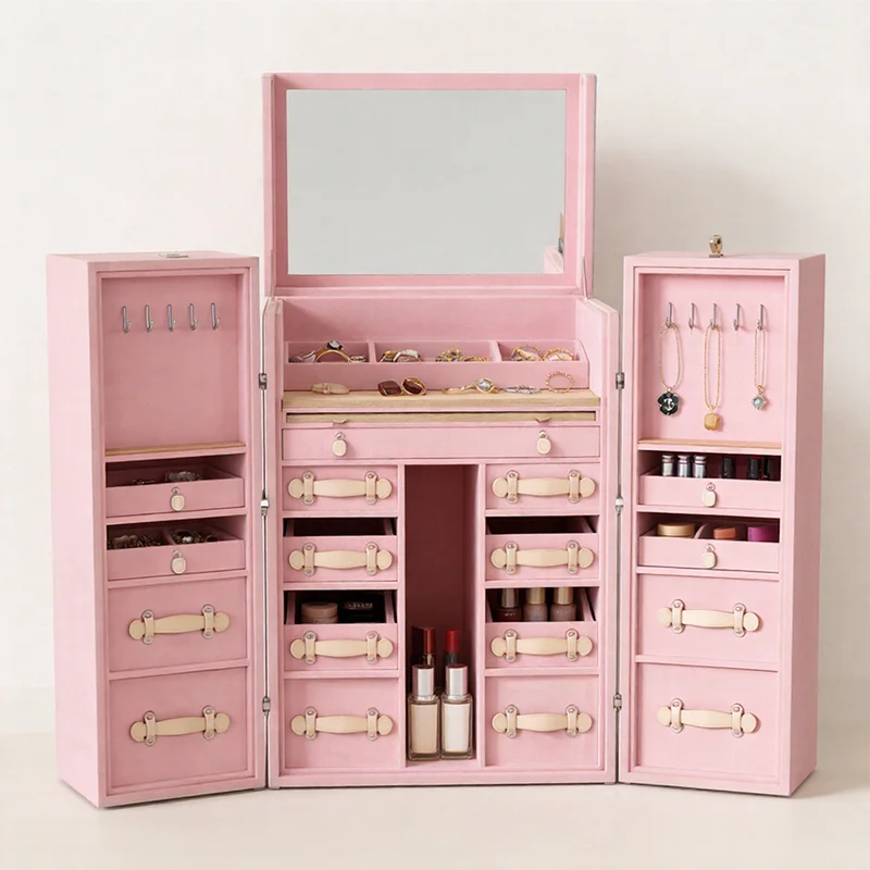 Luxury quality professional multi-purpose cosmetic case Pink cosmetic case with mirror layer storage Portable beauty storage box