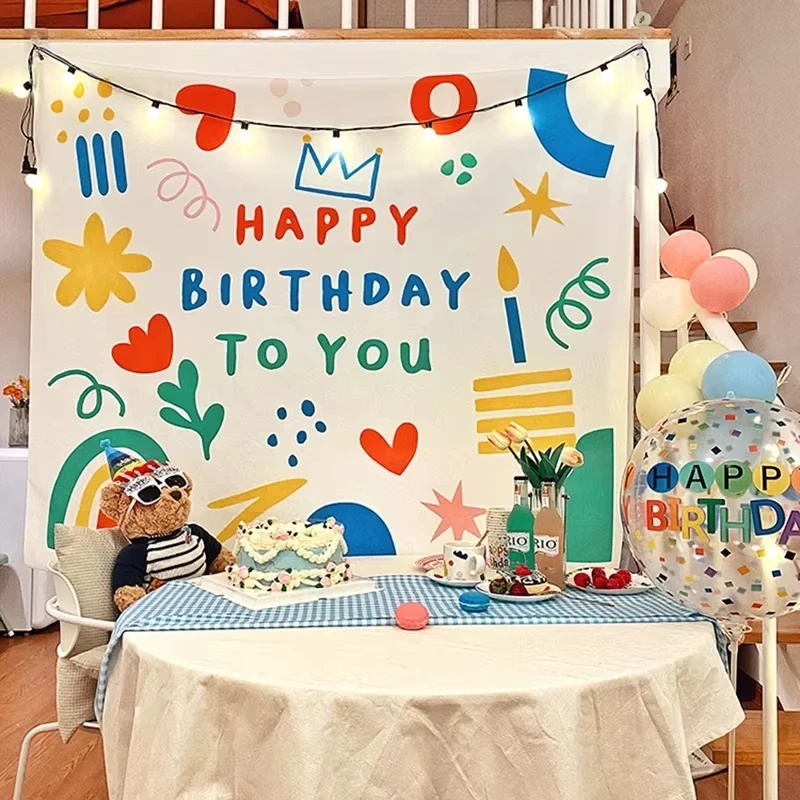 Alles Gute zum Geburtstag Hintergrund-Wandteppich, Kawaii Cartoon Kinderzimmer Wohnheim Heim Party Dekoration