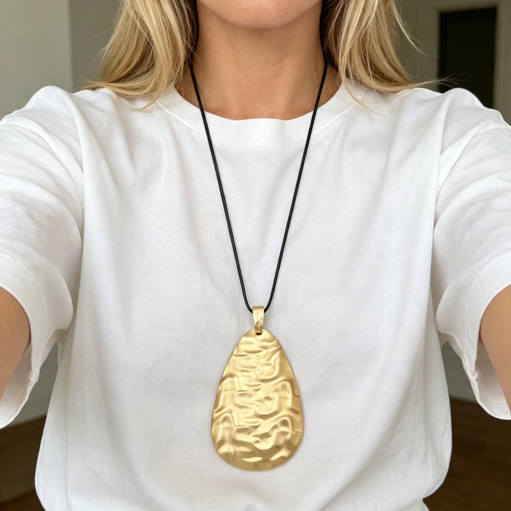 Bohemian Matt Gold Large Oval/Heart/Round Pendant On Long Adjustable Wax Rope Chain Necklace Suitable For All Seasons Wear