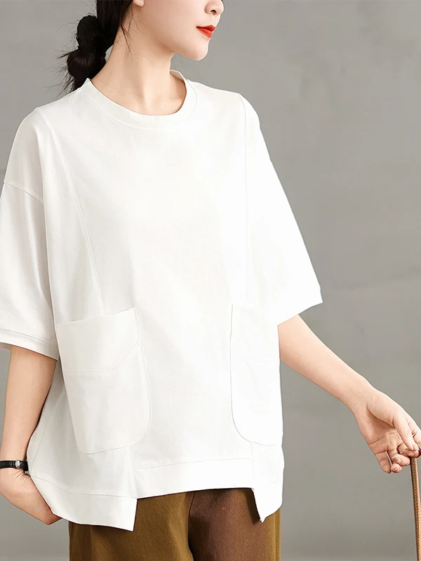 

plus Size Women's Casual ort Sve T-irt Summer 2025 Loose Fit Versatile Pure Color with Big kets round Ne Top