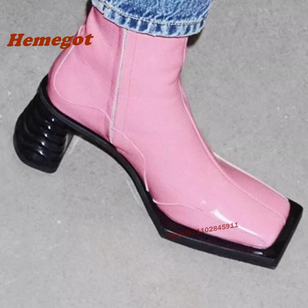 Chelsea Boots Square Toe Strange Style Short Booted Women Side Zipper Pink Orange Black Winter Luxury Shoes Casual Solid Leather