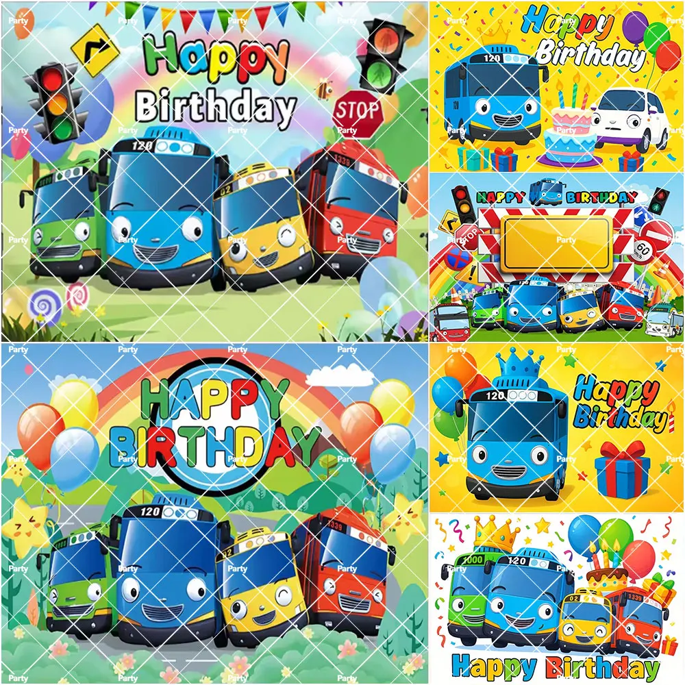 Cartoon Der kleine Tayoes-Bus Geburtstagsparty-Dekoration Babyparty Frühpädagogik Blauer Bus Hintergrund Fotostudio-Requisiten