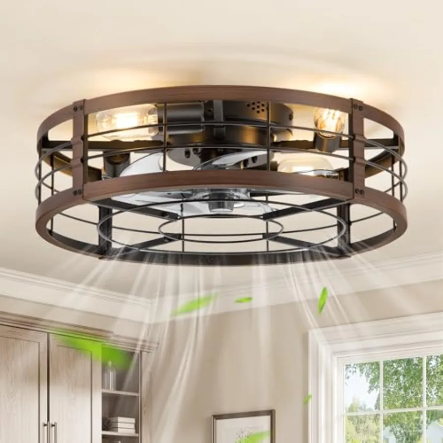 20 Caged Ceiling Fan with Light and Remote, Walnut Finish Metal Blades, Rustic Farmhouse Style, Low Profile Flush Mount Fandeli